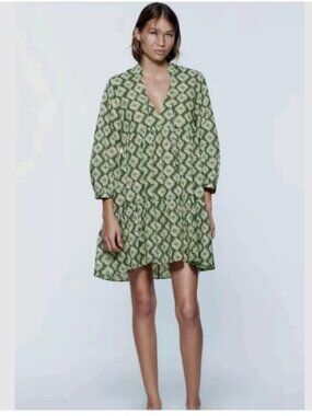 Zara Green Boho Babydoll Tunic Dress S | Cadie Geometric Print Flowy Festival